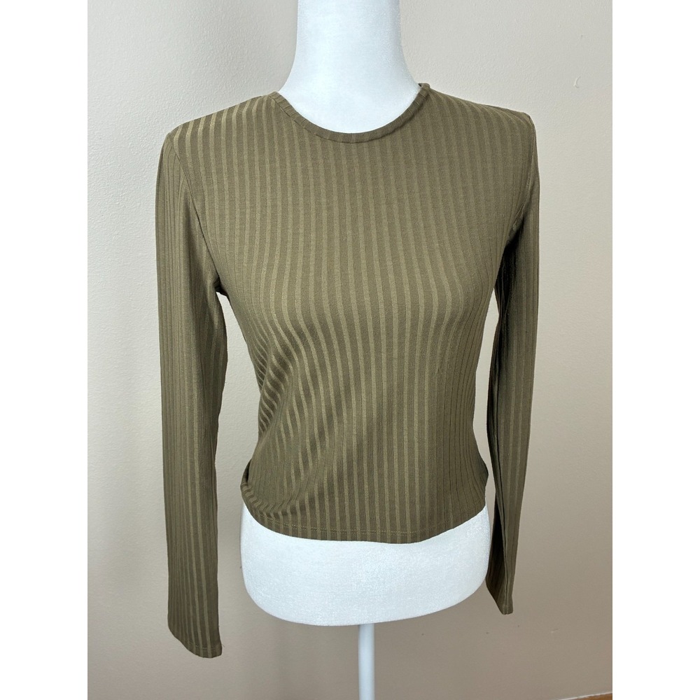 Terranova‎ Womens Ribbed Long Sleeve Top Olive Green Crew Neck Slim Fit Size M
